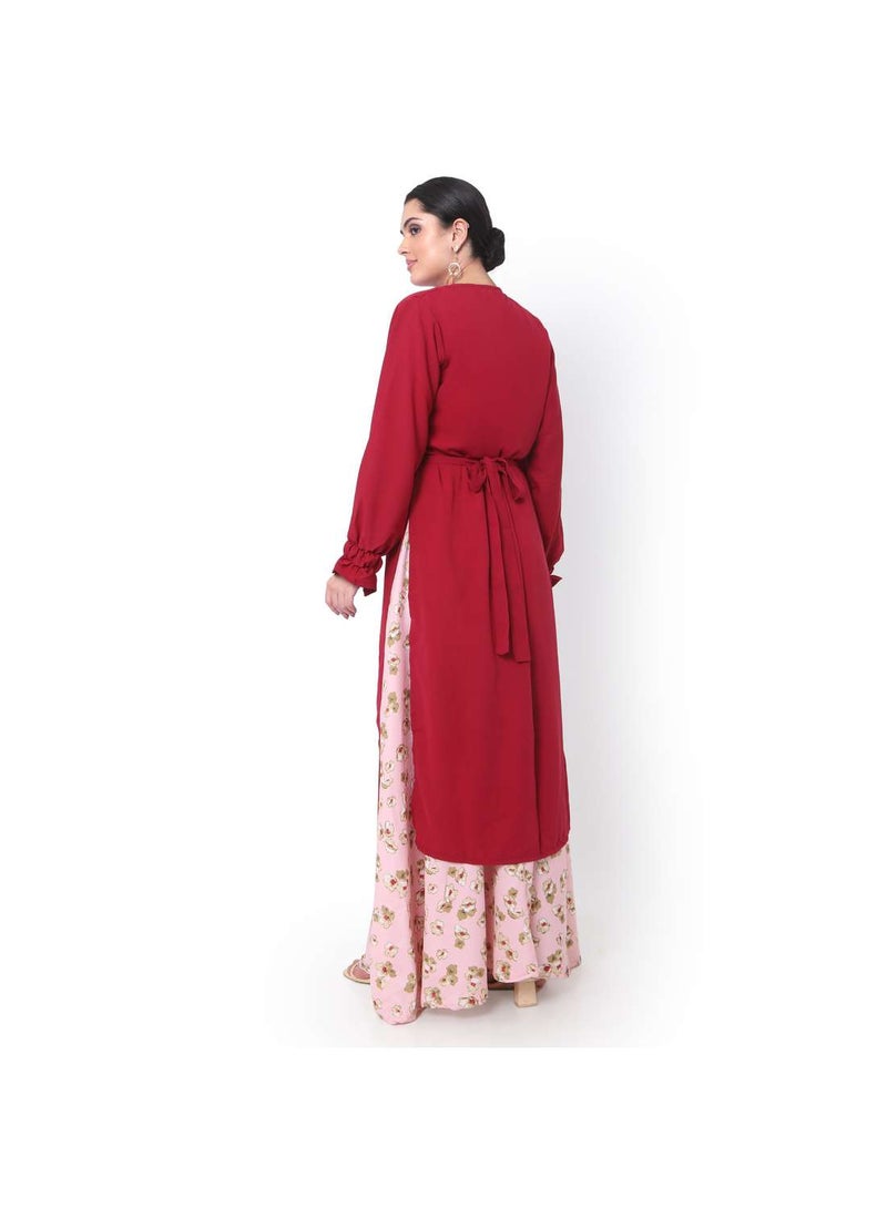 HANA & SARA MODEST PRINTED DRESS WITH SOLID COLOUR LONG JACKET AND BELT STYLISH ARABIC KAFTAN JALABIYA - Image 2