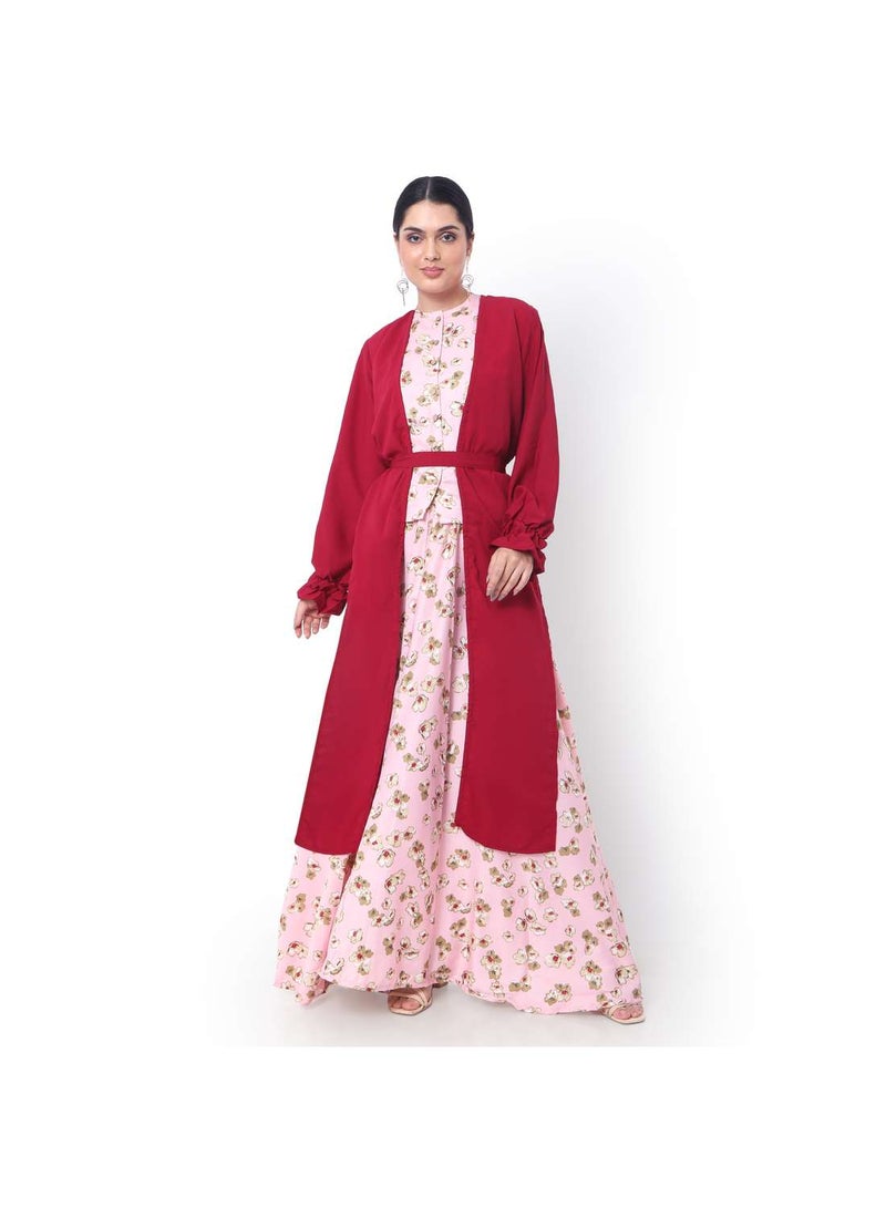 HANA & SARA MODEST PRINTED DRESS WITH SOLID COLOUR LONG JACKET AND BELT STYLISH ARABIC KAFTAN JALABIYA - Image 4