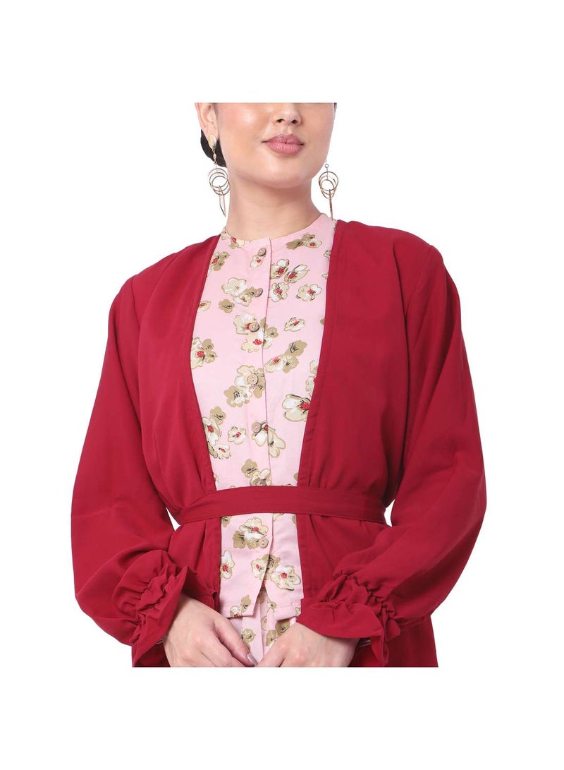 HANA & SARA MODEST PRINTED DRESS WITH SOLID COLOUR LONG JACKET AND BELT STYLISH ARABIC KAFTAN JALABIYA - Image 3