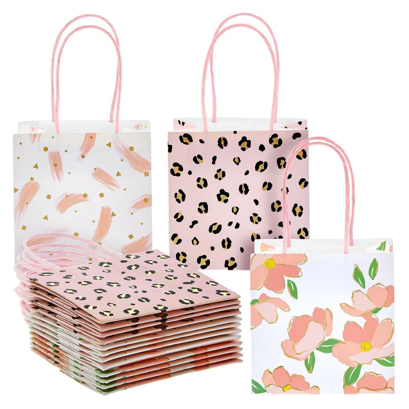 Sparkle and Bash Sparkle and Bash 12 Pack Small Gift Bags with Handles for Candles Mini Party Favors for Valentines Bridal Shower Baby Shower Mothers Day 3 Assorted Pink Designs 5x5x3 In Mini Gift Bags 