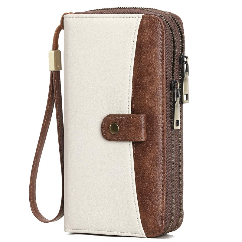 GAEKEAO Womens Wallet Large Capacity Double Zipper Ladies Card Phone Holder RFID Blocking Leather Clutch Wristlet Grip Strap - Image 1