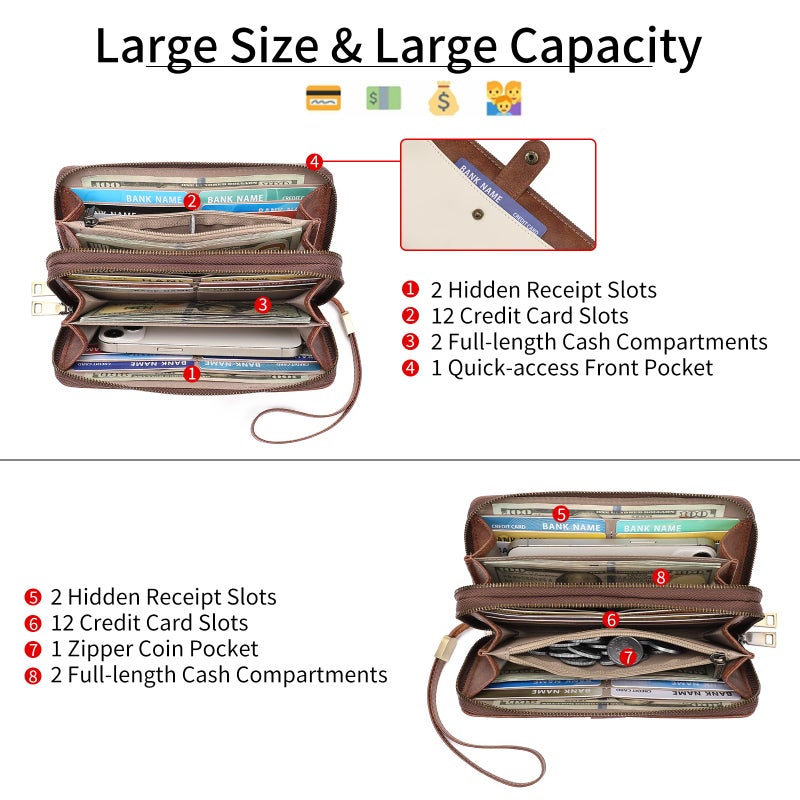 GAEKEAO Womens Wallet Large Capacity Double Zipper Ladies Card Phone Holder RFID Blocking Leather Clutch Wristlet Grip Strap - Image 3