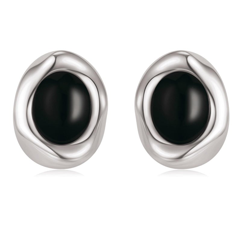 Dckazz Black and Silver Earrings Black Stone Oval Stud Silver Chunky Earrings for Women - Image 1