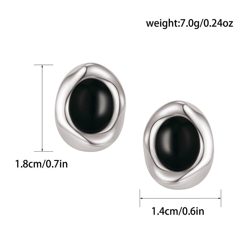 Dckazz Black and Silver Earrings Black Stone Oval Stud Silver Chunky Earrings for Women - Image 5