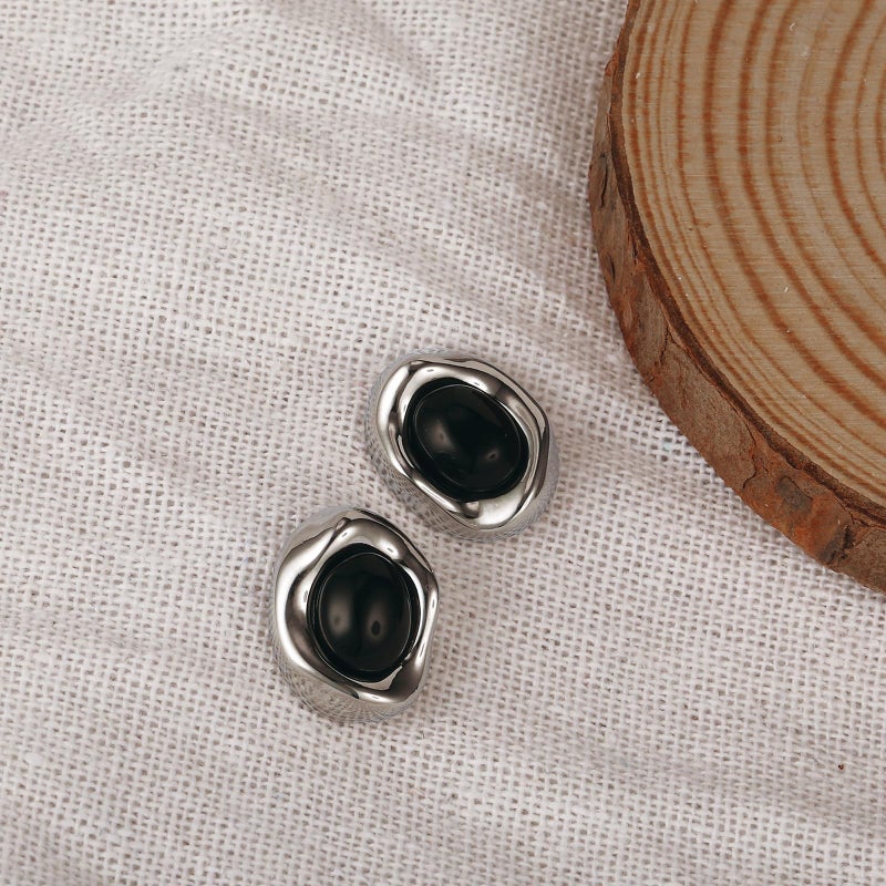 Dckazz Black and Silver Earrings Black Stone Oval Stud Silver Chunky Earrings for Women - Image 3