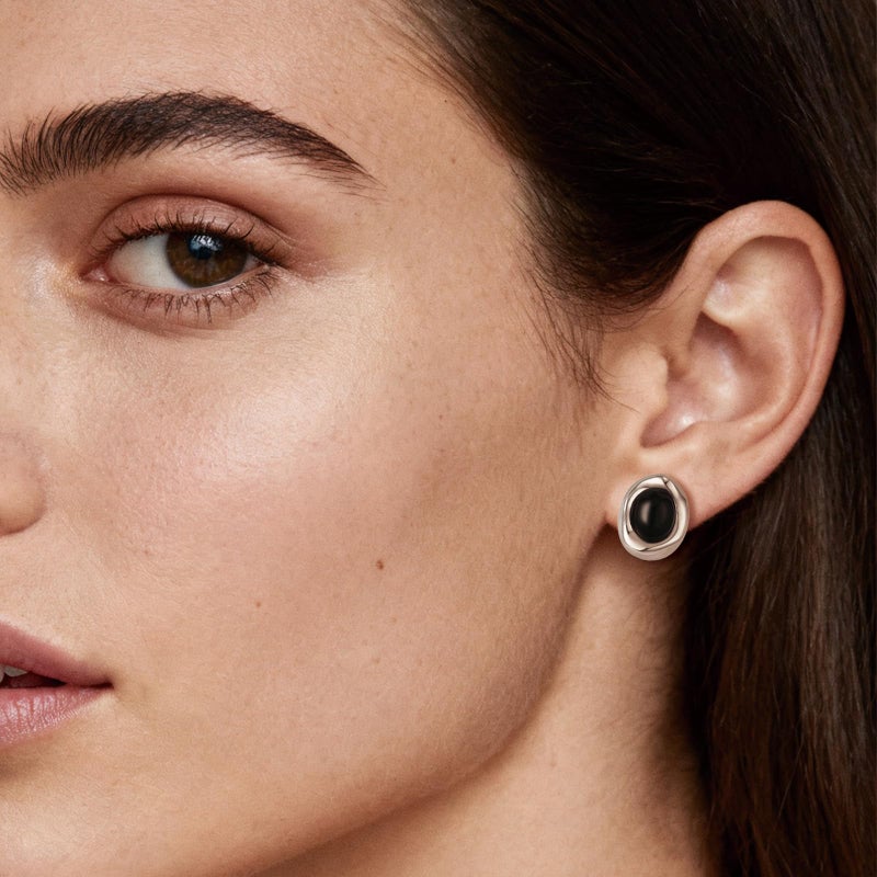 Dckazz Black and Silver Earrings Black Stone Oval Stud Silver Chunky Earrings for Women - Image 2