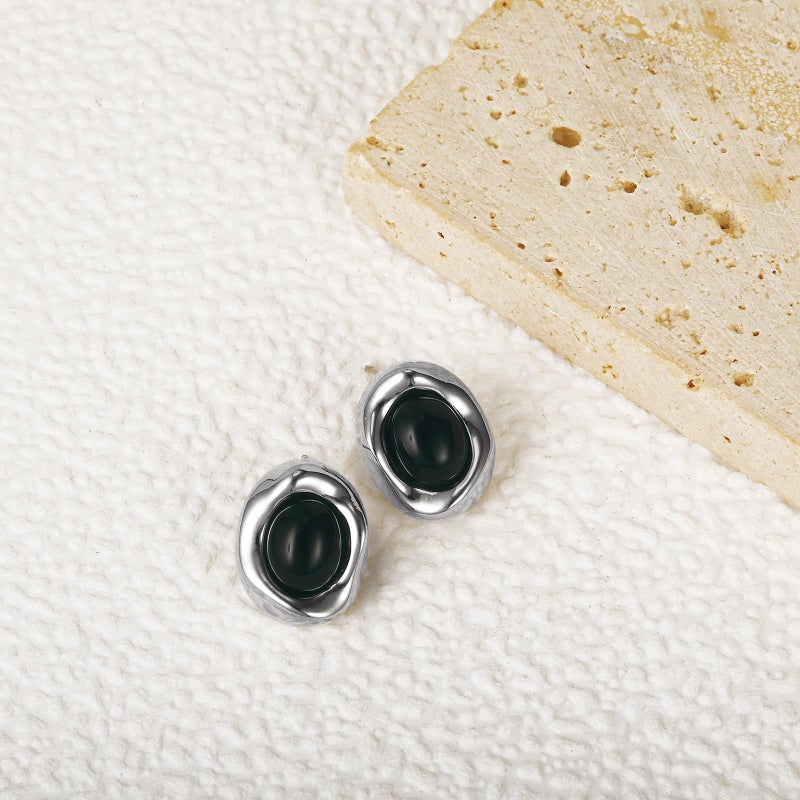 Dckazz Black and Silver Earrings Black Stone Oval Stud Silver Chunky Earrings for Women - Image 4