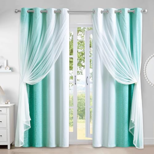Geomoroccan 100% Blackout Curtains with Sheer Overlay Mix and Match Double Layer Drapes 84 Inch Long 2 Panels for Bedroom Living Room Teal White Ombre Grommet Window Treatment with Tiebacks - Image 1