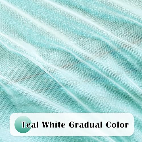 Geomoroccan 100% Blackout Curtains with Sheer Overlay Mix and Match Double Layer Drapes 84 Inch Long 2 Panels for Bedroom Living Room Teal White Ombre Grommet Window Treatment with Tiebacks - Image 2