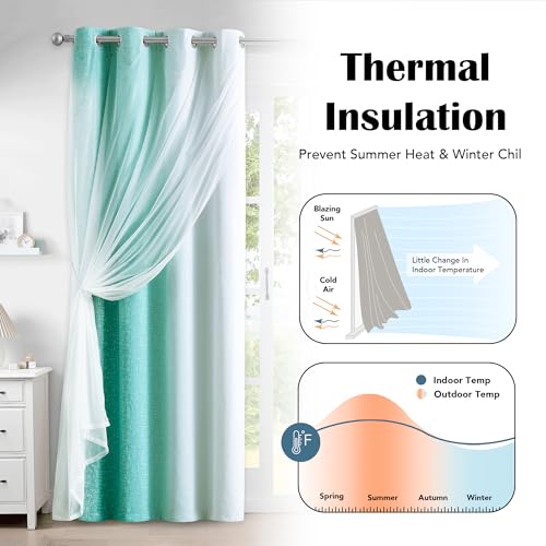 Geomoroccan 100% Blackout Curtains with Sheer Overlay Mix and Match Double Layer Drapes 84 Inch Long 2 Panels for Bedroom Living Room Teal White Ombre Grommet Window Treatment with Tiebacks - Image 5