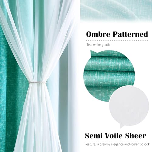 Geomoroccan 100% Blackout Curtains with Sheer Overlay Mix and Match Double Layer Drapes 84 Inch Long 2 Panels for Bedroom Living Room Teal White Ombre Grommet Window Treatment with Tiebacks - Image 3