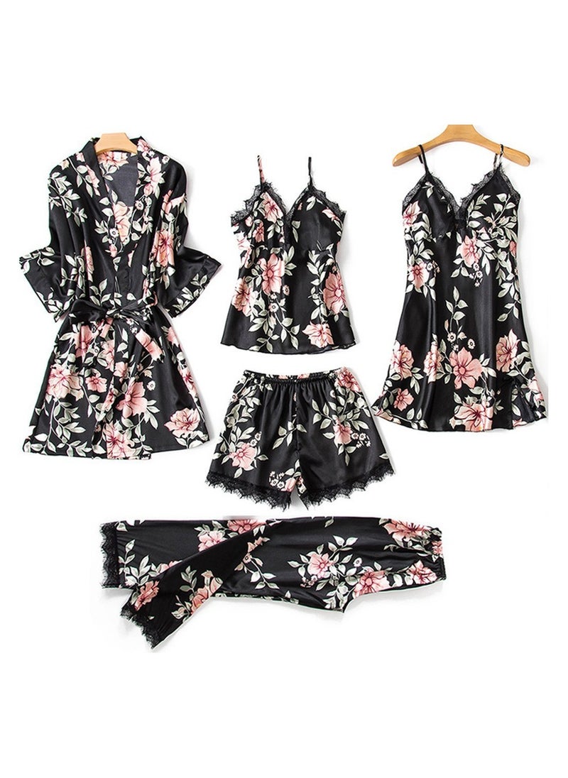 Loquat 5 PCS Pajama Sets for Women Sweet Floral Printing Lace Edge Homewear Ladies Nightwear Silky Clothes Suits Spring Summer Sleepwear Sling with Chest Pad Nightdress(Suspender Top + Suspender Skirt + Ni 