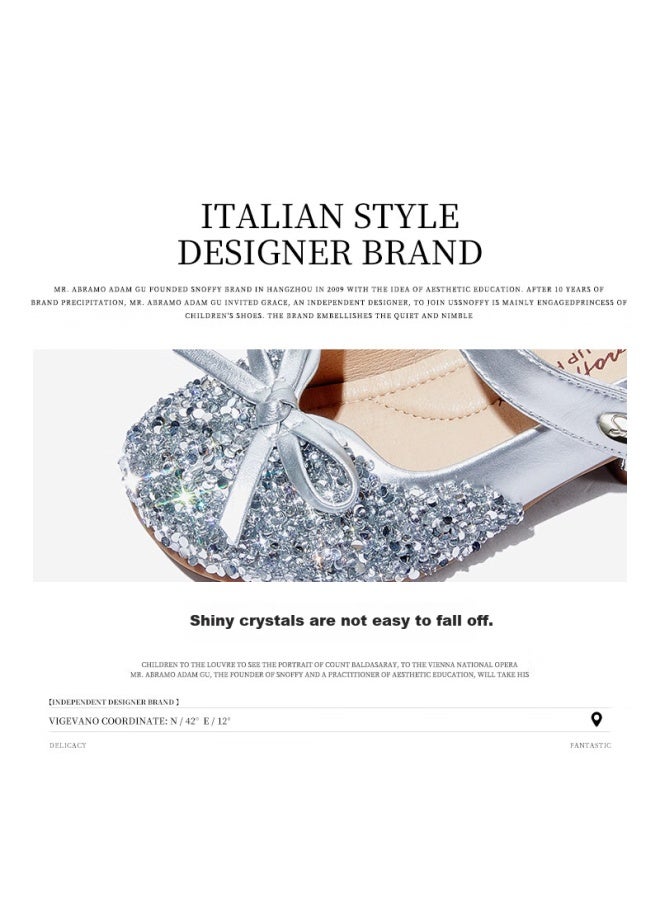 Snoffy Children's High Heels, Girls' Crystal Shoes, Autumn Shiny Fashionable Princess Shoes, Comfortable Leather Shoes, Flowing Sand Silver, Size 27 - Image 2