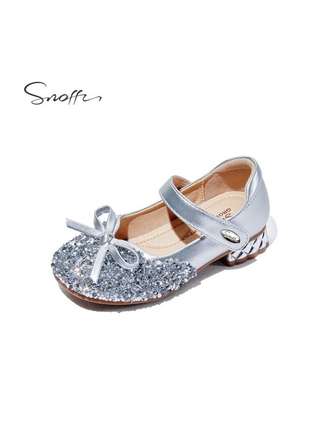 Snoffy Children's High Heels, Girls' Crystal Shoes, Autumn Shiny Fashionable Princess Shoes, Comfortable Leather Shoes, Flowing Sand Silver, Size 27 - Image 1