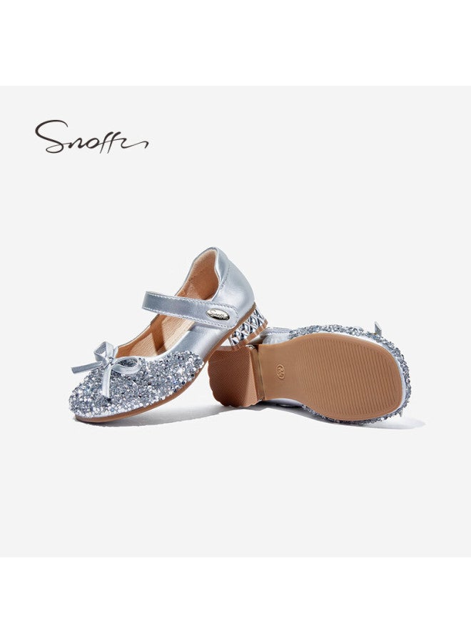 Snoffy Children's High Heels, Girls' Crystal Shoes, Autumn Shiny Fashionable Princess Shoes, Comfortable Leather Shoes, Flowing Sand Silver, Size 27 - Image 4