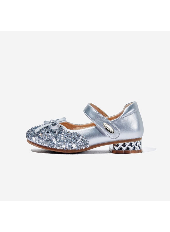 Snoffy Children's High Heels, Girls' Crystal Shoes, Autumn Shiny Fashionable Princess Shoes, Comfortable Leather Shoes, Flowing Sand Silver, Size 27 - Image 3