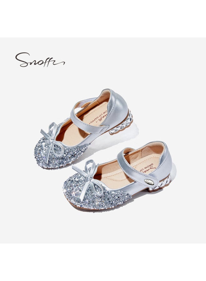 Snoffy Children's High Heels, Girls' Crystal Shoes, Autumn Shiny Fashionable Princess Shoes, Comfortable Leather Shoes, Flowing Sand Silver, Size 27 - Image 5