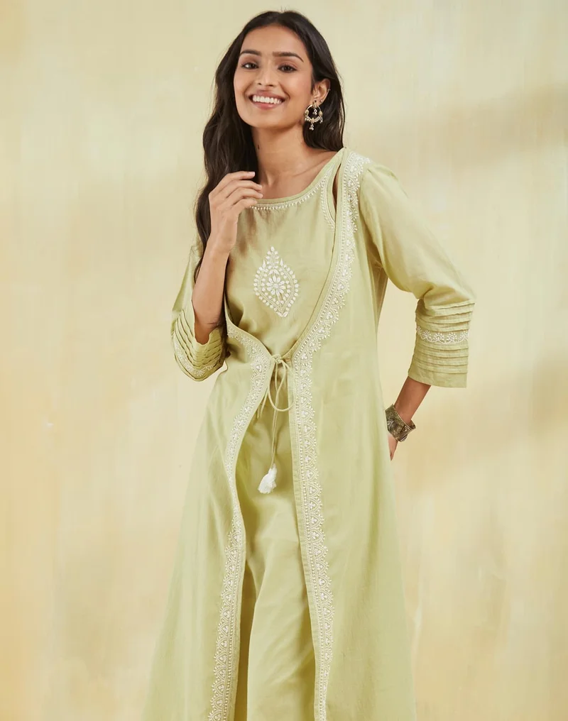 Fabindia Green Cotton Slim Fit Chikankari Long Kurta