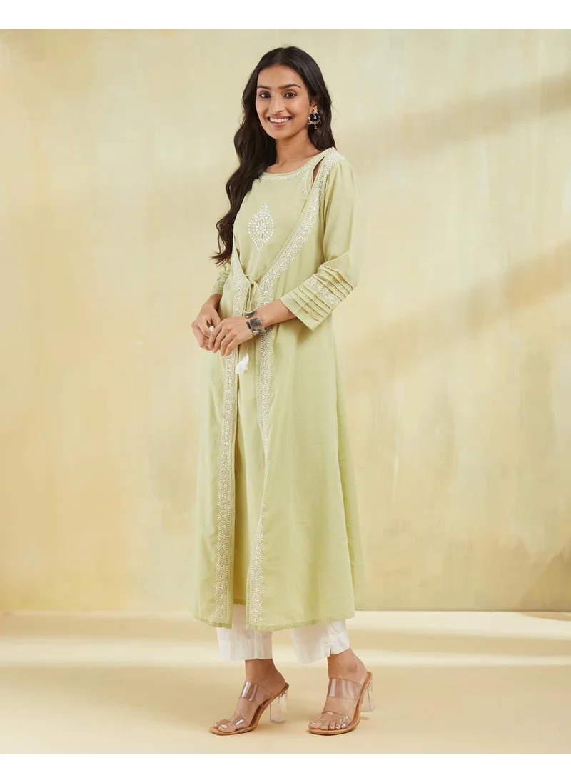 فاب انديا Green Cotton Slim Fit Chikankari Long Kurta