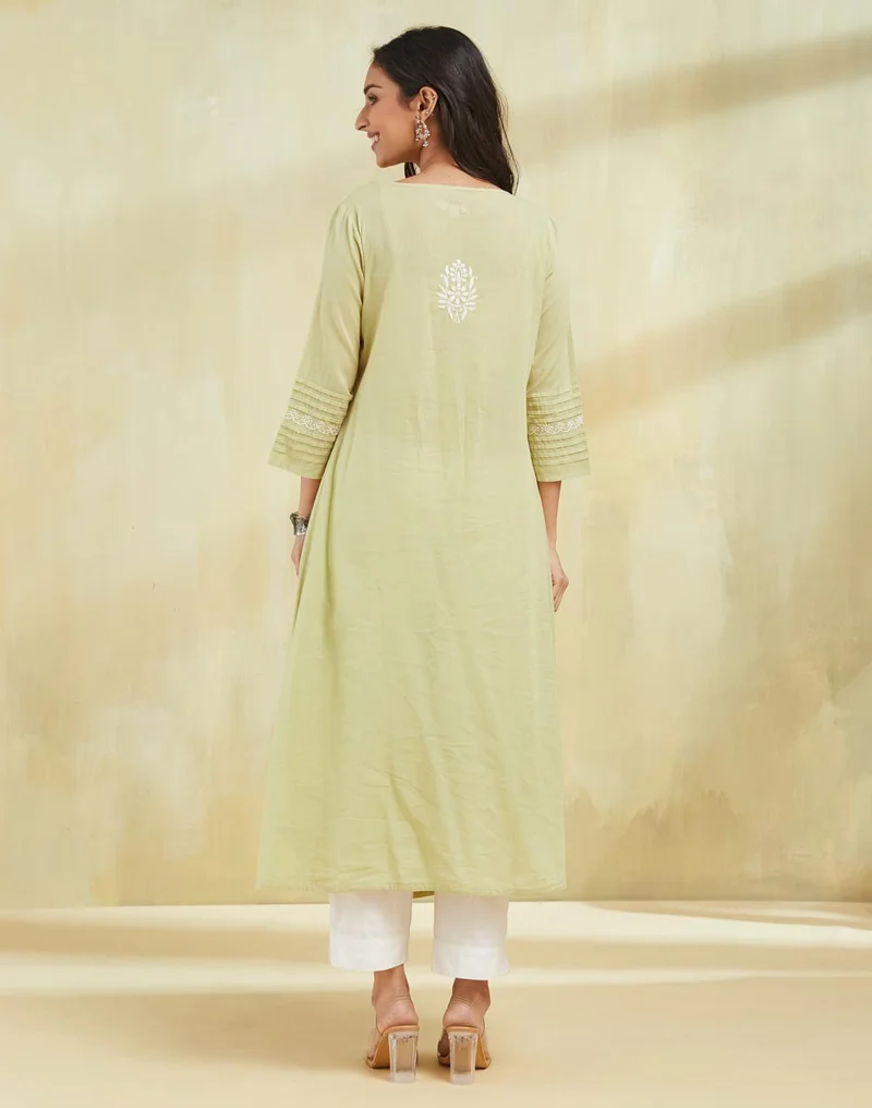 Fabindia Green Cotton Slim Fit Chikankari Long Kurta