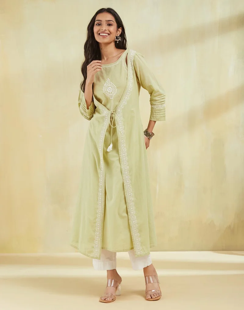 Fabindia Green Cotton Slim Fit Chikankari Long Kurta