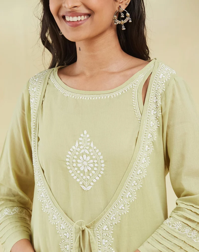 Fabindia Green Cotton Slim Fit Chikankari Long Kurta