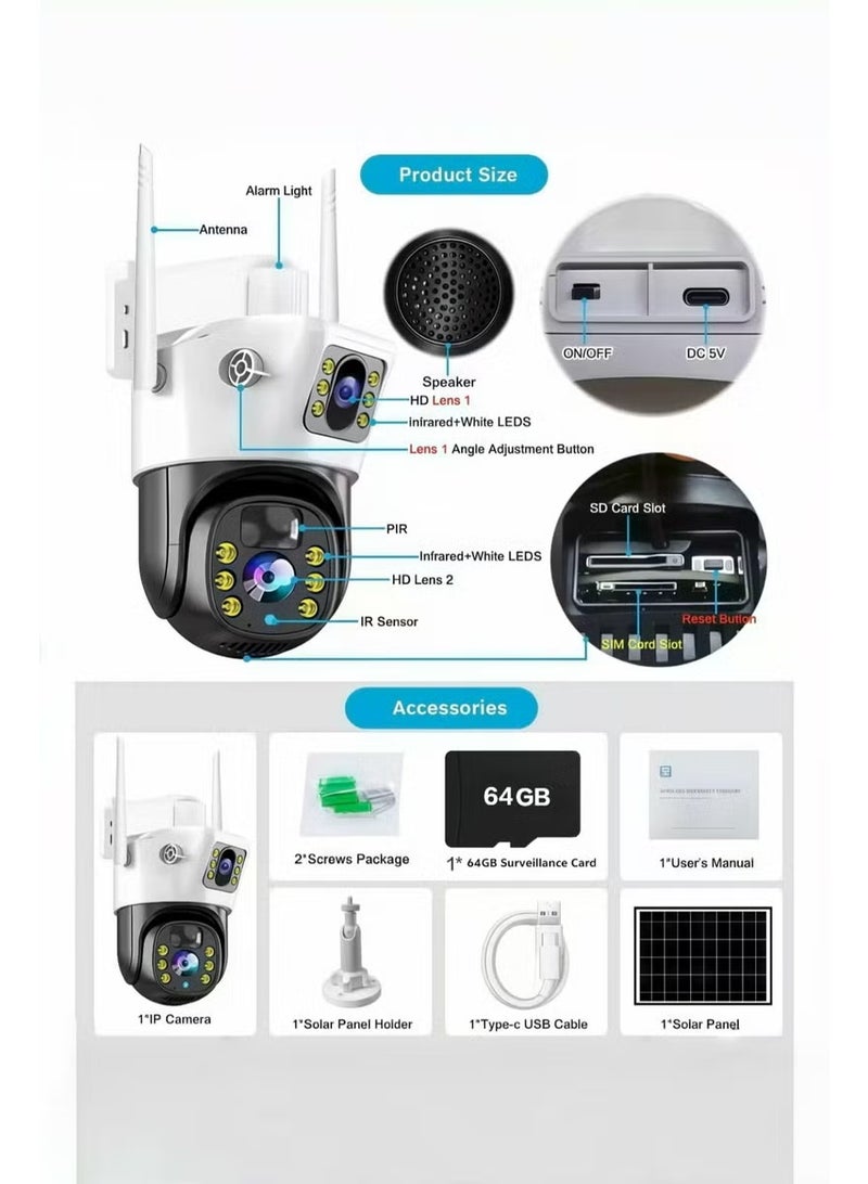 Neutral Security Camera with Solar Charging Panel - 4G Edition Remote Intelligent Surveillance Camera Dual-Lens HD Night Vision Outdoor 360° Panoramic Outdoor Waterproof Suitable for indoor, garden lawns, perimeter security, etc. (White) - Image 3