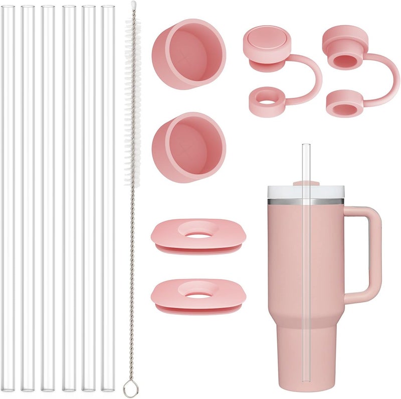 Beonsky Replacement Straw Cover Spill Stopper Accessories for Stanley Cup 40 oz 30 oz Quencher, Tumbler Accessories of 6 Clear Straw with Cleaning Brush, 2 Silicone Cover Cap, 4 Leak Sproof Plug for Stanley - Image 1