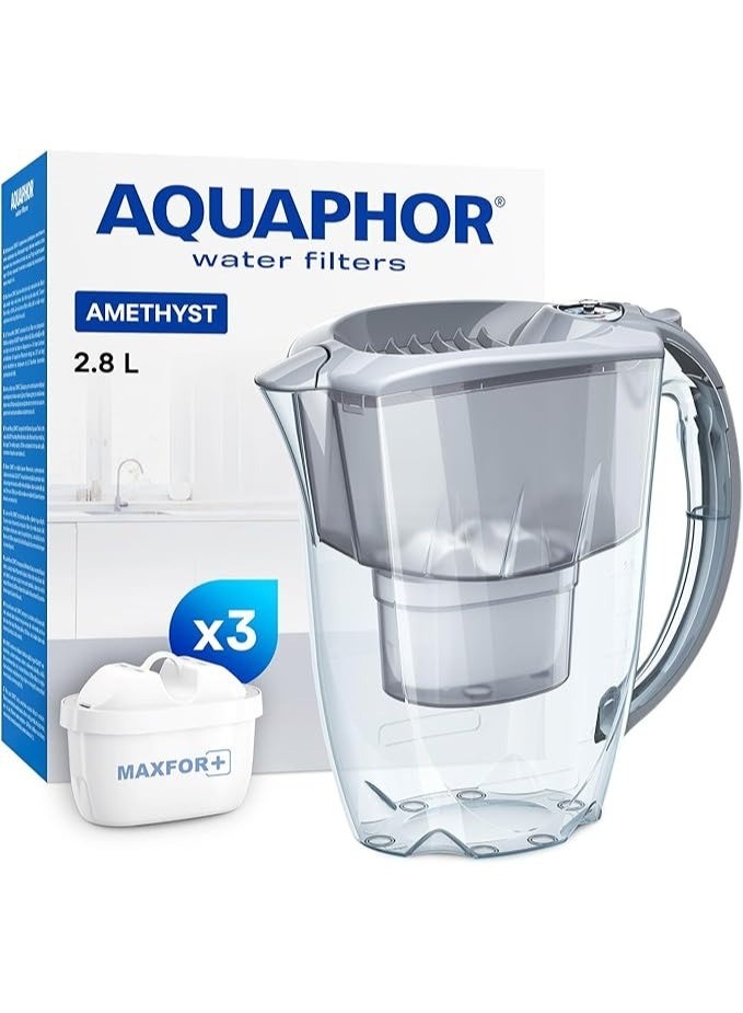 Aquaphor Amethyst Water Filter Jug, + 2 Extra Cartridges, 2.8L Capacity, Slider Lid and Compact Design, Reduces Chlorine, Rust, Heavy Metals, Provides Odorless and Tasty Water, Fridge-Friendly, BPA-Free, Water Purifier Jug for Daily Use (White) - Image 1