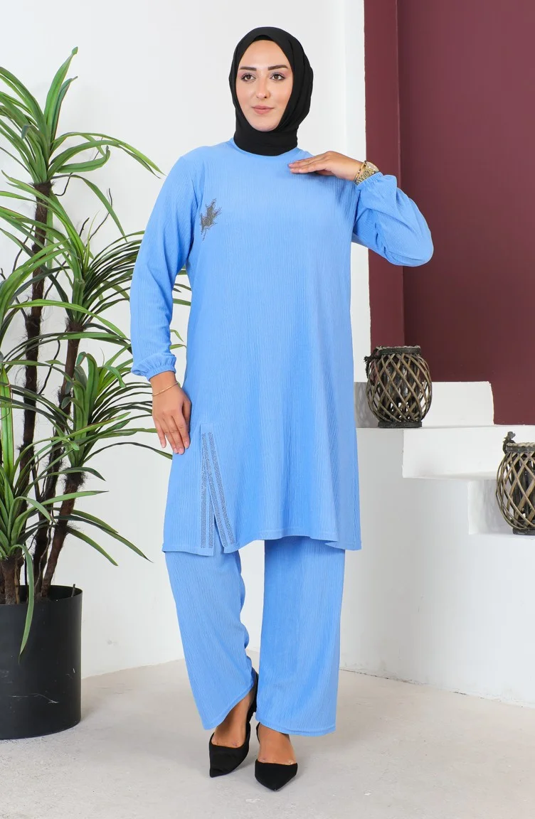 Sefa Merve Plus Size Crepe Tunic Trousers Two Piece Suit 2608-09 Blue