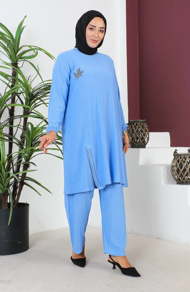 Sefa Merve Plus Size Crepe Tunic Trousers Two Piece Suit 2608-09 Blue
