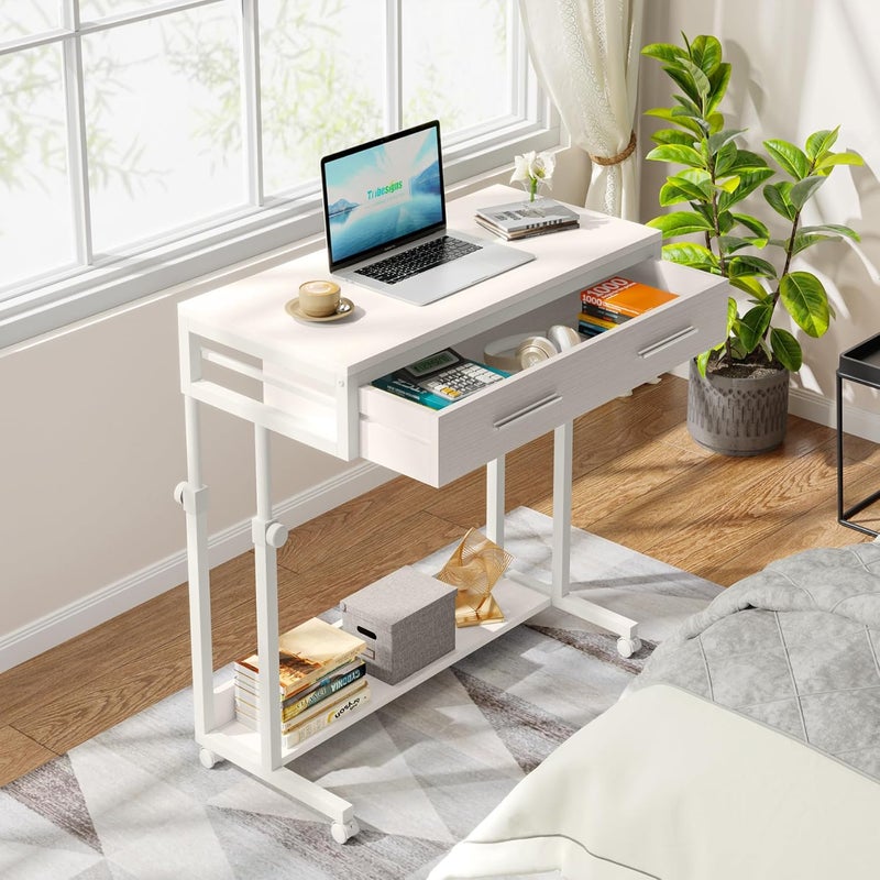 Tribesigns Portable Desk with Drawers, Mobile Laptop Desk with Wheels, Sofa Side Table Bed Desks, Small Standing Desk for Home Office (White) - Image 1