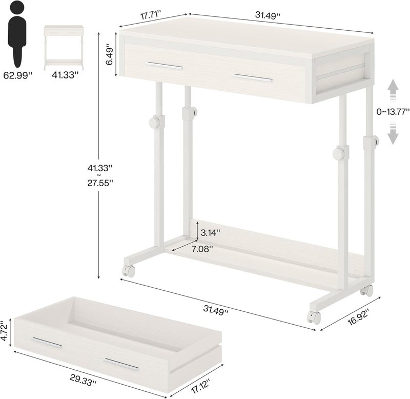 Tribesigns Portable Desk with Drawers, Mobile Laptop Desk with Wheels, Sofa Side Table Bed Desks, Small Standing Desk for Home Office (White) - Image 2