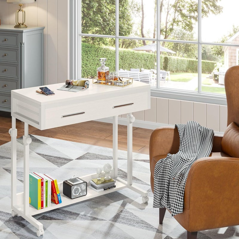 Tribesigns Portable Desk with Drawers, Mobile Laptop Desk with Wheels, Sofa Side Table Bed Desks, Small Standing Desk for Home Office (White) - Image 4