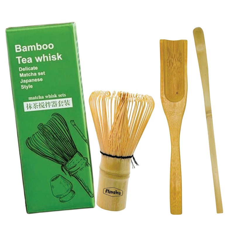 Flavoma Japanese Handmade Bamboo Matcha Whisk Sets of 3 Delicate Match Brush Japanese Style Traditional Scoop Chashaku Tea Spoon The Perfect Set to Prepare a Traditional Cup of Matcha - Image 1