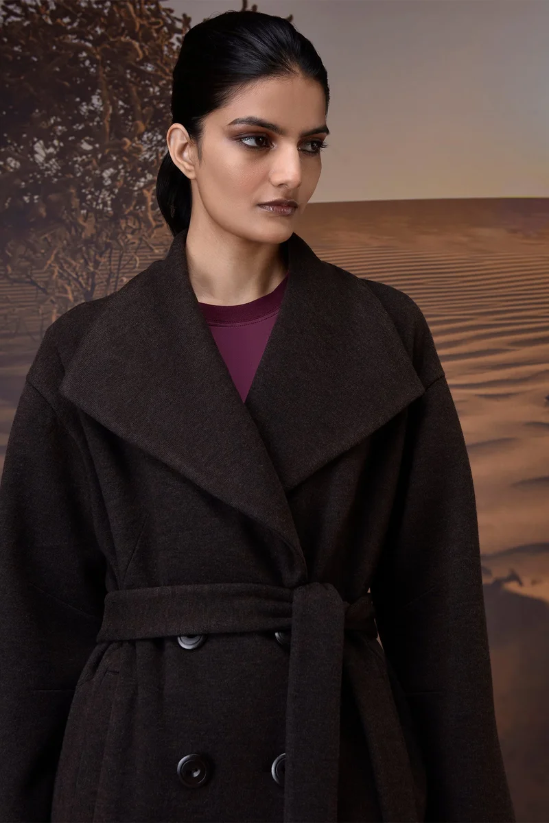Genes Lecoanet Hemant  Chocolate Brown Double-Layer Fleece Overcoat for Women | Best Price UAE