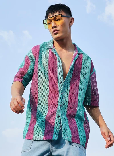 Campus Sutra Men's Mint Green & Plum Purple Balanced Striped Oversized Shirt