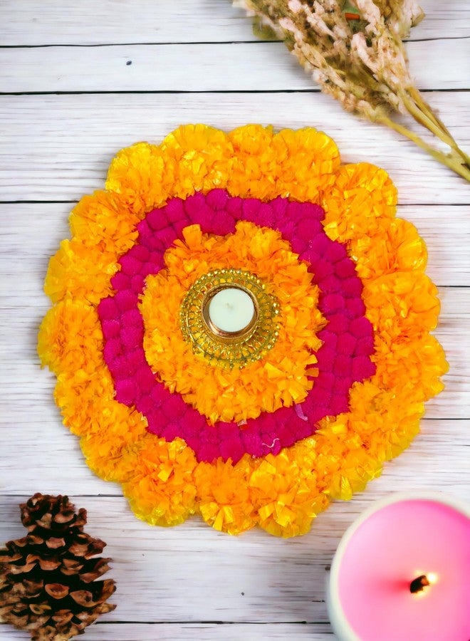 Sesonby 12" Marigold Flowers Tealight Holders for Diwali Decoration Rangoli Look Flowers Mat Floor Decoration Home Decor Tealight Holders Wax with Tealight - Image 1