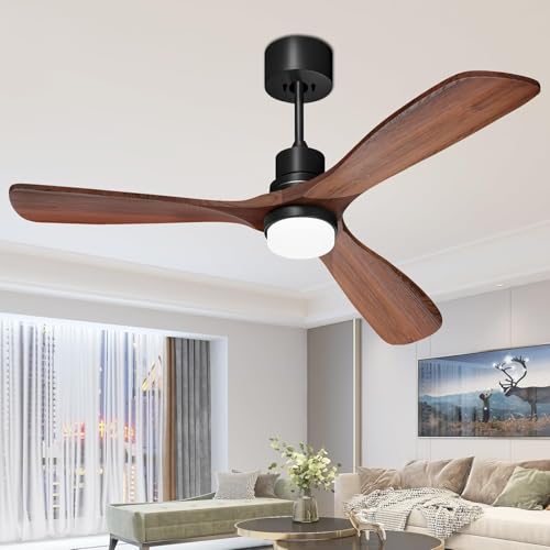 Obabala 52 Inch Ceiling Fans with Lights and Remote Control-Outdoor Ceiling Fan Walnut Wood 3 Blade for Bedroom Living Room Indoor Farmhouse Patio, Reversible Noiseless DC Motor - Image 1