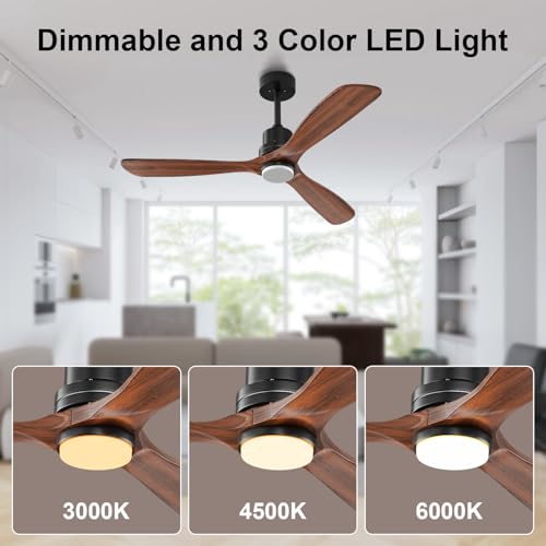 Obabala 52 Inch Ceiling Fans with Lights and Remote Control-Outdoor Ceiling Fan Walnut Wood 3 Blade for Bedroom Living Room Indoor Farmhouse Patio, Reversible Noiseless DC Motor - Image 3
