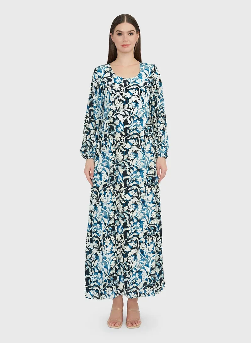 كشخة جلابية فيسكوز كريب بطبعة زهور يدوية