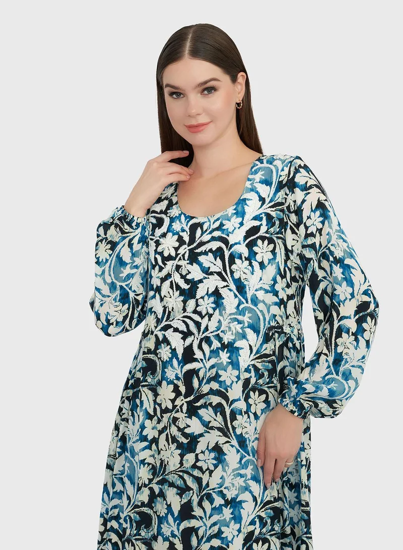 كشخة جلابية فيسكوز كريب بطبعة زهور يدوية