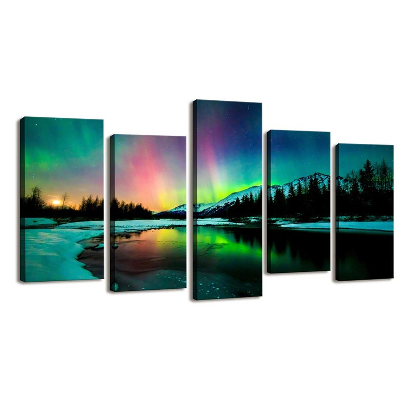 Cao Gen Decor Art S01927 5 Pieces Wall Art Aurora scenery Painting on Canvas Stretched and Framed Canvas Paintings Ready to Hang for Home Decorations Wall Decor  - Image 1