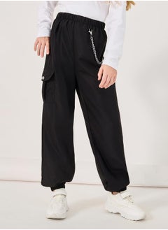 Styli Solid Cargo Pocket Pants with Chain Detail  - Image 1