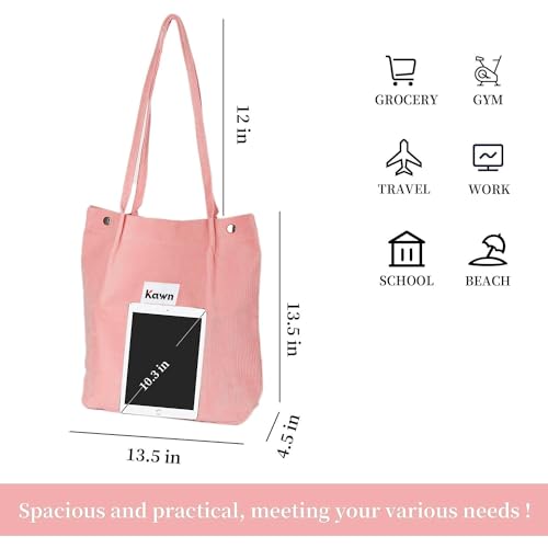 Kawn Women Corduroy Western Tote Bag Canvas Shoulder Cord Purse Reusable Shopping Bag Grocery Bag Large Capacity Washable Handbag Girls Shoulder Bag With Inner Pocket For Daily Use Work Travel (Pink) - Image 4
