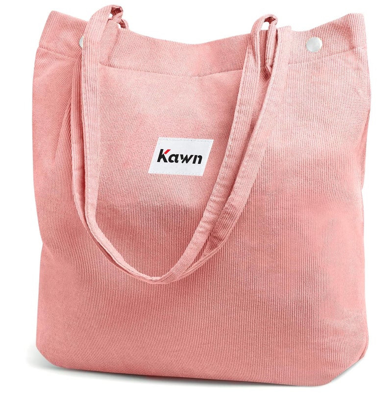 Kawn Women Corduroy Western Tote Bag Canvas Shoulder Cord Purse Reusable Shopping Bag Grocery Bag Large Capacity Washable Handbag Girls Shoulder Bag With Inner Pocket For Daily Use Work Travel (Pink) - Image 1