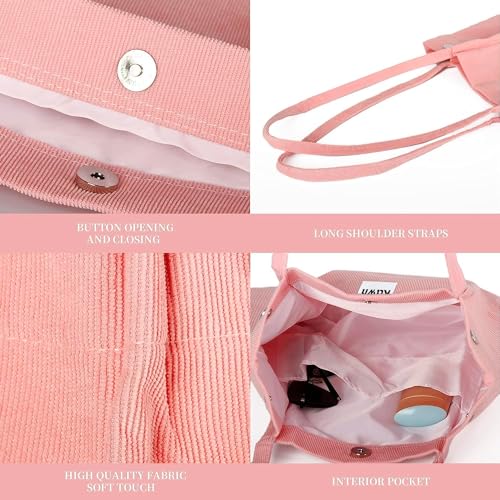 Kawn Women Corduroy Western Tote Bag Canvas Shoulder Cord Purse Reusable Shopping Bag Grocery Bag Large Capacity Washable Handbag Girls Shoulder Bag With Inner Pocket For Daily Use Work Travel (Pink) - Image 2