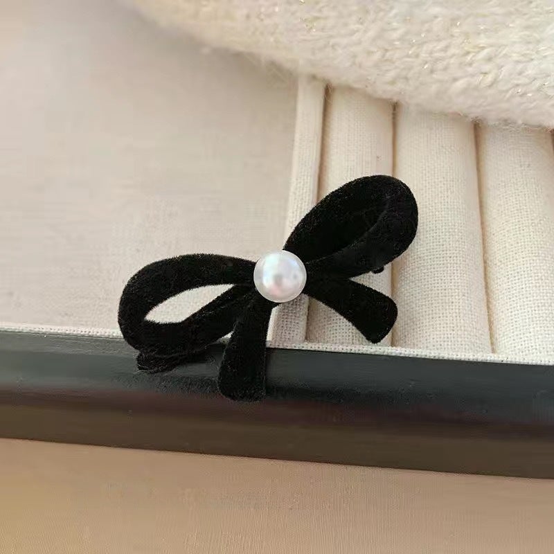 Loquat Vintage Velvet Bow Red Hair Clip Black Pearl bow tie (1)