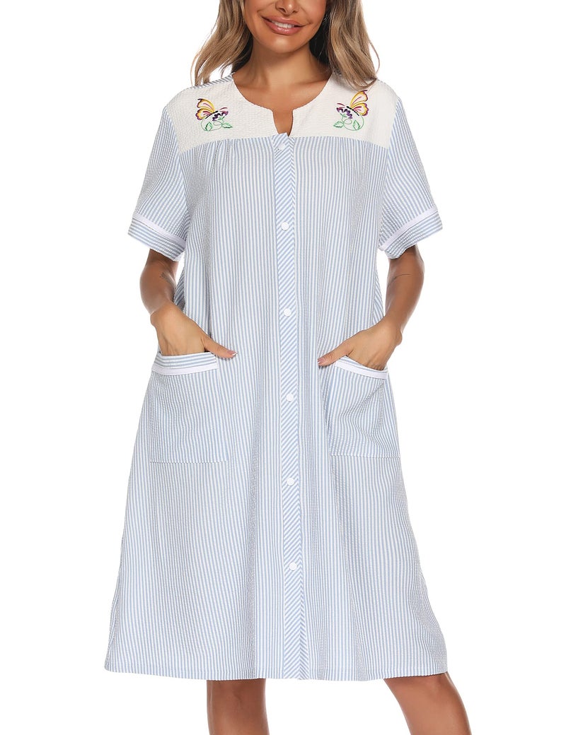YOZLY Women Embroidered House Dress Short Sleeve Housecoat with Front Pockets Light Blue, Large - Image 1