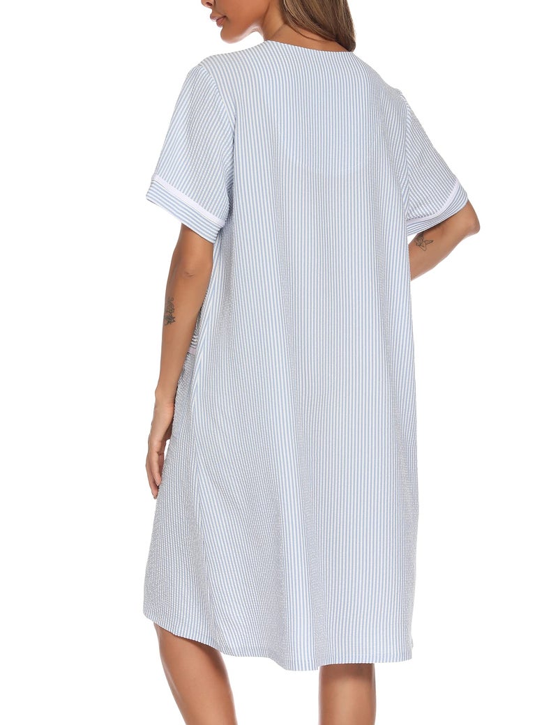 YOZLY Women Embroidered House Dress Short Sleeve Housecoat with Front Pockets Light Blue, Large - Image 5